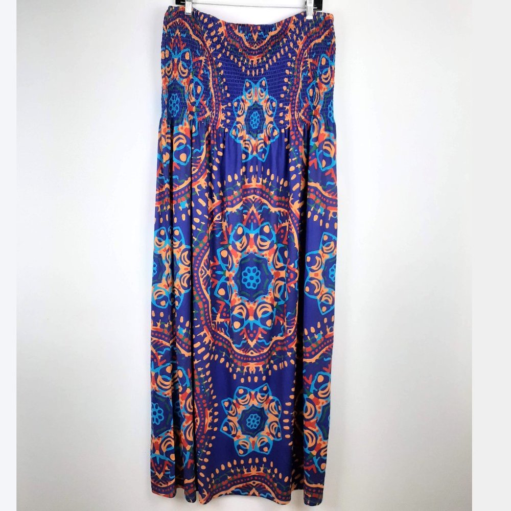 VENUS Boho Strapless maxi dress Size 2X. Blue jewel tone beach coastal sundress
